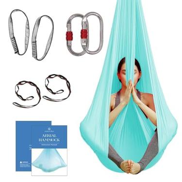 Imagem de Rede aérea de seda para ioga e balanço para casa, exercícios de inversão, kit inicial para todos os níveis - durável com alças de extensão, mosquetões e guia de pose