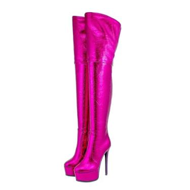 Imagem de Rock88 Botas femininas de cano alto, bico redondo, botas de salto agulha com fundo grosso com zíper nas costas para casamento/festa de aniversário/encontro, rosa vermelha, 37