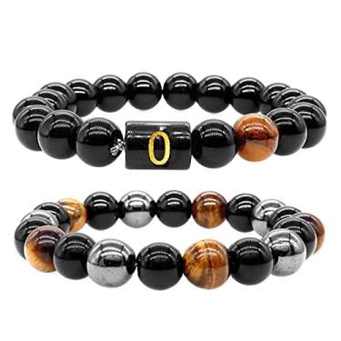 Imagem de Pulseira masculina com contas de obsidiana preta com letra inicial para homens, pulseira de proteção tripla, bracelete de contas de pedra olho de tigre ônix preto natural de 10 mm