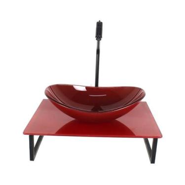Imagem de Kit Cuba Vidro Oval 10Mm Tampo Vidro 40Cm X 40Cm Vermelho - Cubas E Ga