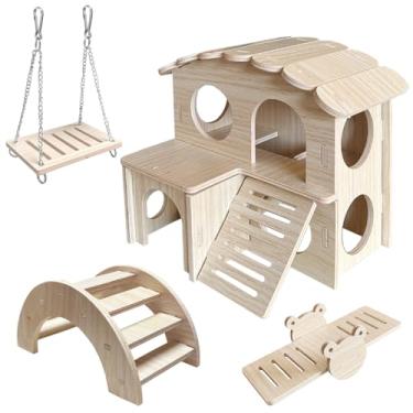 Imagem de LOS ANDES Hamster Labirinto casa de madeira de dois andares, brinquedo de gangorra para hamster, ponte e balanço para ratos anões, ratos pequenos (apenas para hamster pequeno)