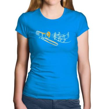 Imagem de Baby Look Algodão Trombone Notas Musicais - Foca na Moda, Azul, GGG