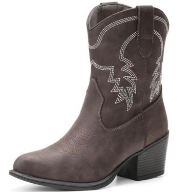 Imagem de IXU Botas femininas largas caubói, cano baixo, cowgirl, bico fino, botas clássicas grossas, Cinza escuro, 9 Wide