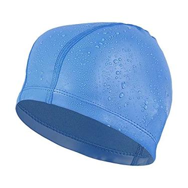 Imagem de SHESHY Touca de natação, tecido de nylon flexível elastano algodão fibra PU natação boné de natação chapéu para homens mulheres crianças adultos (PU - azul lago)