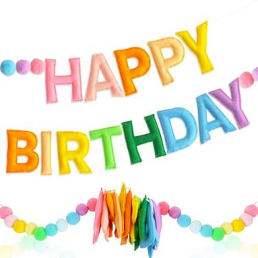 Imagem de Vuzvuv Guirlanda de feliz aniversário de feltro pré-amarrada com bolas de pompom, decorações de faixa de feliz aniversário feitas à mão para decoração de festa de aniversário (cor creme)