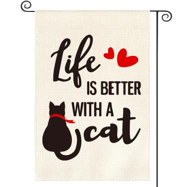 Imagem de AVOIN Citação de gato Bandeira de jardim vertical dupla face é melhor com um gato, amor coração Pet Yard Outdoor Decoração 32 x 18 polegadas