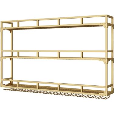 Imagem de Rack de vinho montado na parede com luz LED, prateleira de armazenamento flutuante de unidade de barra, prateleiras multi-funcional de bebidas alcoólicas, com porta de vidro, para cozinha da