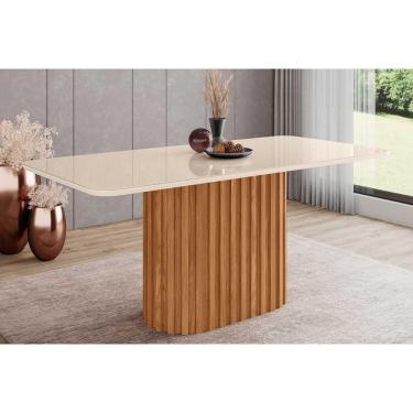Imagem de Mesa Para Cozinha Solana Sc84 Com Tampo Madeirado Com Vidro Curvo 180x90cm Nature Off White Henn