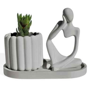 Imagem de Conjunto Decorativo 3 Peças Estátua Pensadora Vaso Tulipa E Bandeja Cinza
