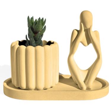 Imagem de Conjunto Decorativo 3 Peças Estátua Pensadora Vaso Tulipa E Bandeja Amarelo