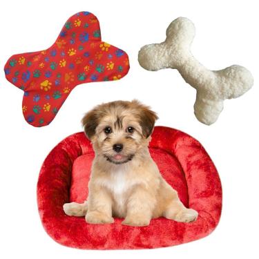 Imagem de Cama Bigata M Tecido Soft Com Comedouro E Ossinho Kit 3 Peças Vermelho
