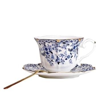 Imagem de Conjunto de xícara de chá e pires de porcelana floral vintage com colher, acabamento dourado, 181 g - conjunto de 1, azul - xícaras de chá e café expresso e café (1, flor da China)