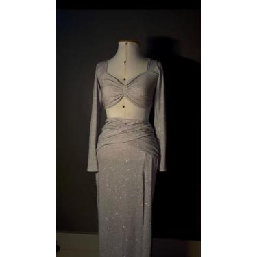 Imagem de Conjunto cropped e saia lurex branco brilhoso prata - Intensy Boutique