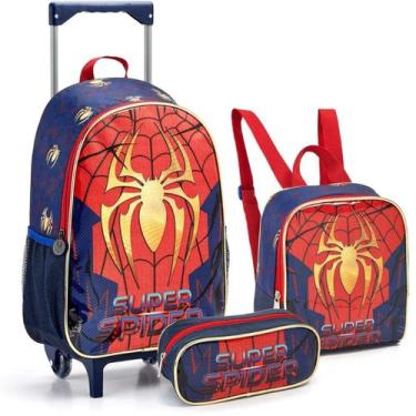 Imagem de Kit Mochila Carrinho Escolar + Lancheira + Estojo Super Spider - Ref M