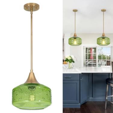 Imagem de DSMJFU DSMJFU Luminárias Pendentes Retrô Douradas, Iluminação Para Ilha De Cozinha, Luminária Pendente De Latão Com Grande Cúpula De Vidro Verde Espessado, Luz Suspensa Ajustável Para Sala De Jantar