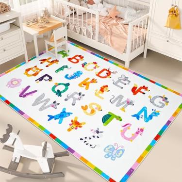 Imagem de USTIDE Tapete infantil branco do alfabeto ABC, 12 x 15 cm, tapete educativo, desenho animado, fofo, animal, para sala de aula, sala de jogos, quarto, sala de estar
