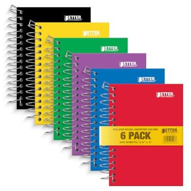 Imagem de Cadernos espirais Fat Book, pacote com 6, cadernos pequenos com capas de plástico de poliéster, 14 x 10 cm, 1 assunto, regra universitária, 200 folhas, da Better Office Products, 6 cores primárias sortidas, 6 unidades