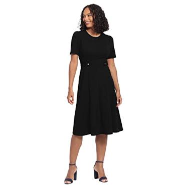 Imagem de London Times Midi feminino de malha com ilhós, manga curta, crepe inserido, cintura midi com detalhe de botão, Preto, 46