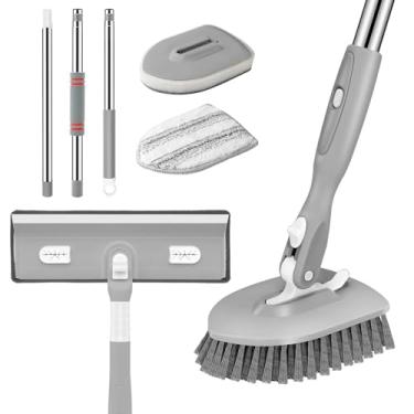 Imagem de SetSail Esfregador de piso 4 em 1 com escova de limpeza de chuveiro de cabo longo ajustável de 132 cm com esfregão de janela e 3 cabeças de escova de substituição para banheiro, cozinha, paredes