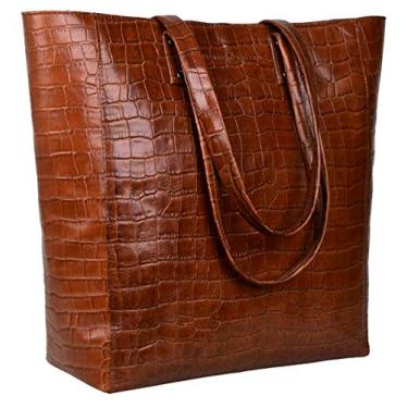 Imagem de ANTONIO VALERIA Bolsa feminina de couro AVA/alça superior, Conhaque com estampa de crocodilo, Medium, Sacola