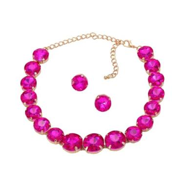 Imagem de Conjunto Colar Brinco Choker Gargantilha Redondo Zircônia Cúbica Fucsia Prateado Colorido - Festa Formatura Casamento Debutante - Noiva Presente Namorada Mãe - Vintage Elegante (Rosa Pink)