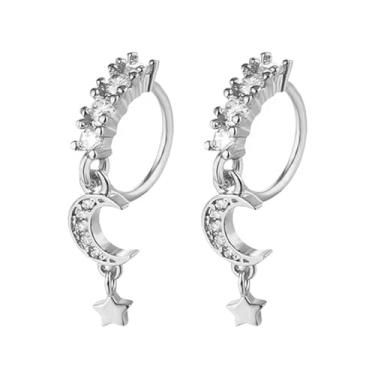 Imagem de Niaspi Anel de nariz com pingente de estrela da lua com strass CZ crescente com pingente de estrela, argolas de nariz, cartilagem, piercing de narina, joias, 14g, Cobre Strass, Sem Pedra Preciosa