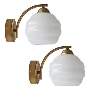 Imagem de Flyrose Arandela de parede de vidro de leite, arandela de parede dourada escovada, conjunto de 2 arandelas de parede de meados do século, arandelas de banheiro modernas, conjunto de 2 lâmpadas de