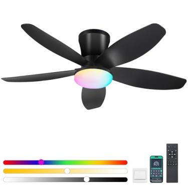 Imagem de Surtime Ventiladores de teto RGB de montagem embutida com ventilador de teto de baixo perfil Lights-36 com luz e controle remoto/aplicativo, DC reversível, ventiladores de teto Blakc reguláveis de LED