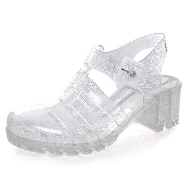 Imagem de LUXINYU Sandálias femininas Jelly com fivela ajustável, tira em T, bico redondo, slingback cintilante, sandália de pescador de verão, sapatos de chuva com glitter, Prata, 34