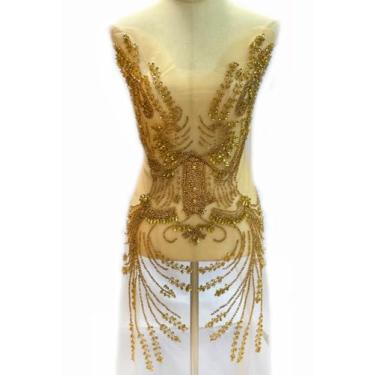 Imagem de Labellezalady Aplique de corpete de strass com contas douradas para vestidos – aplique de espartilho modelador de cintura, enfeite de vestido de noiva brilhante com frente inteira, detalhe de cintura