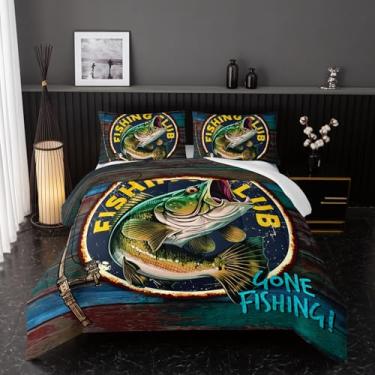 Imagem de Nttopship Conjunto de edredom com tema de caça e pesca de peixe lúcio grande, para decoração de quarto de crianças, cama king size em uma bolsa para adolescentes com 2 fronhas