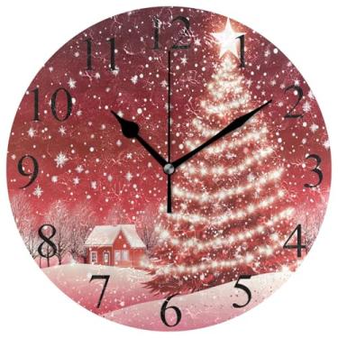 Imagem de Relógio redondo vermelho para árvore de Natal, números grandes, ano novo, decorativo, inverno, floco de neve, cena de neve, relógios de parede de Natal, 25,4 cm, quartzo operado por bateria, analógico