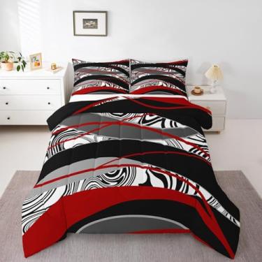 Imagem de Conjunto de cama Queen vermelho, preto e branco, linhas artísticas abstratas, conjunto de edredom geométrico, redemoinho geométrico, para decoração de quarto de crianças, adolescentes, meninas