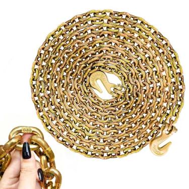 Imagem de Corrente de fichário G80 1/10.2 cm x 6.1 m com ganchos de garra G70, limite de carga de trabalho de 1,496 kg, corrente de amarração de aço de liga de grau 80 para caminhões, reboques, reboques