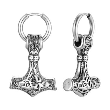 Imagem de Rockyu Brincos masculinos de aço inoxidável Mjolnir Thunder's Hammer motivo mitologia escandinava design esculpido antigo tipo argola hipoalergênico para uso diário e presente