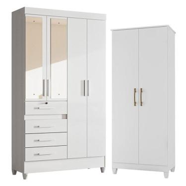 Imagem de Guarda Roupa Infantil Sobral com Espelho e Armário Multiuso Jade Branco Brilho - Moval