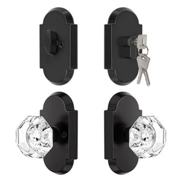 Imagem de BonKuDoo Maçanetas interiores de cristal, maçanetas de vidro com chave e conjunto de trava de fechadura de cilindro único, maçaneta de passagem para portas internas/externas, preto fosco