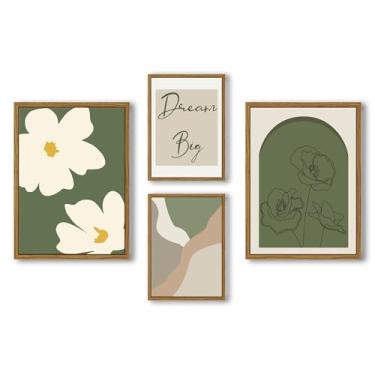 Imagem de NIKICEE Conjunto de 4 arte de parede boêmio verde, arte de parede minimalista emoldurada bege e verde, decoração de quarto boêmio botânico abstrato, escritório, sala de estar