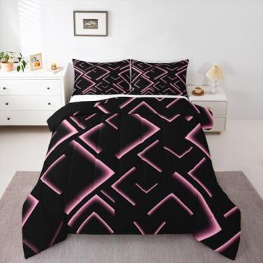 Imagem de jejeloiu Conjunto de edredom listrado rosa e preto para crianças, solteiro, geométrico, abstrato, ombré, para meninos, meninas, adolescentes, moderno, moderno, simples, arte e edredom