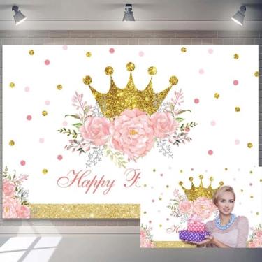 Imagem de 1,5 x 0,9 m, cenário de feliz aniversário, coroa de princesa, flores rosa, fundo fotográfico para meninas, decoração de festa de 16 anos, banner de mesa de bolo, decoração de retratos de crianças