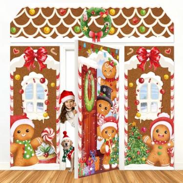 Imagem de FYSUIMU 4 peças de decoração de porta de Natal pão de gengibre homem capa de porta de casa faixa suspensa de natal placa de varanda grande pano de fundo adereços para foto de fundo em casa, escritório