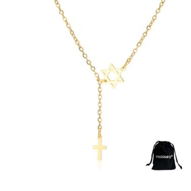 Imagem de VASSAGO Colar feminino com cruz de estrela de Davi em aço inoxidável, colar em Y, pingente de cruz cristã, talismã, amuleto religioso, joia de Israel, One Size, Aço inoxidável, Sem Pedra Preciosa