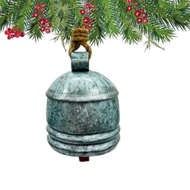 Imagem de Sinos de metal dourado rústico com recortes de estrela, ornamentos de Natal feitos à mão para casa de fazenda com corda de juta, perfeitos para decoração de férias, ambientes internos (tambor prateado