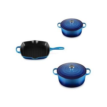 Imagem de KIT LE CREUSET 2 PANELAS REDONDAS 20 E 24CM GRELHA QUADRADA 26CM EM FERRO ESMALTADO AZURE BLUE