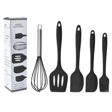 Imagem de Kit de Utensílios de Cozinha em Silicone, 5 Peças, Inclui Fouet, Espátulas e Pincel, Resistente ao Calor 230°C, Antiaderente, Livre de BPA (Preto)