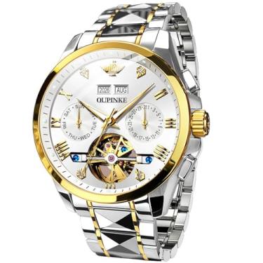 Imagem de OUPINKE Relógio de pulso masculino esqueleto, mecânico, automático, com calendário, cristal de safira, aço de tungstênio, à prova d'água, Branco, Relógio automático, mecânico