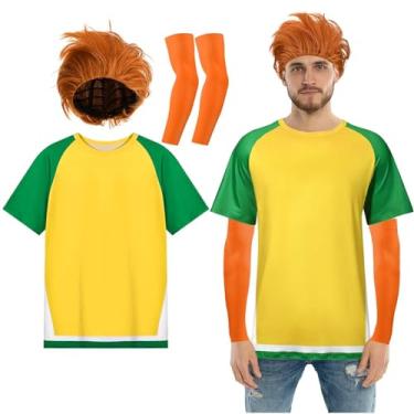 Imagem de Kit de 3 peças de fantasia de hotel de Halloween inclui peruca curta laranja e camisa de manga curta verde amarela e manga curta para homens cosplay