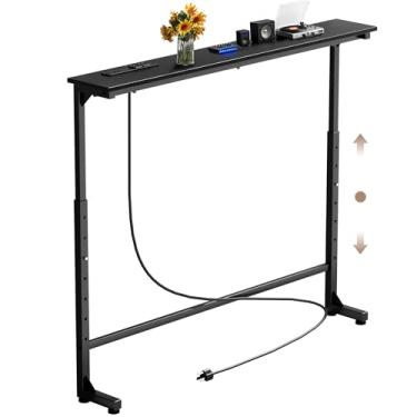 Imagem de Keelian Mesa de console estreita de 89 cm com tomada, altura ajustável (63,5 a 94 cm) atrás da mesa de sofá, sofá atrás da mesa skinny, prateleira de sofá com estação de carregamento, mesas de entrada