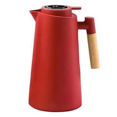 Imagem de Garrafa Térmica Plástica com Cabo de Madeira para Chá Café Agua Quente e Bebidas Frias Tampa Rosqueável e Sistema Corta-Pingos Excelente Vedação. (Vermelho)