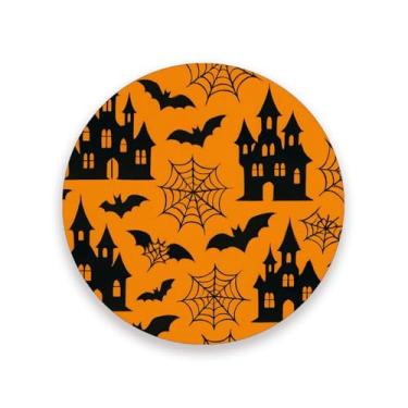 Imagem de JUZIHAI Conjunto de 2 porta-copos de Halloween Houses para bebidas, porta-copos redondos absorventes de pedra de cerâmica com base de cortiça, tapete de proteção de mesa para cozinha, bar, decoração